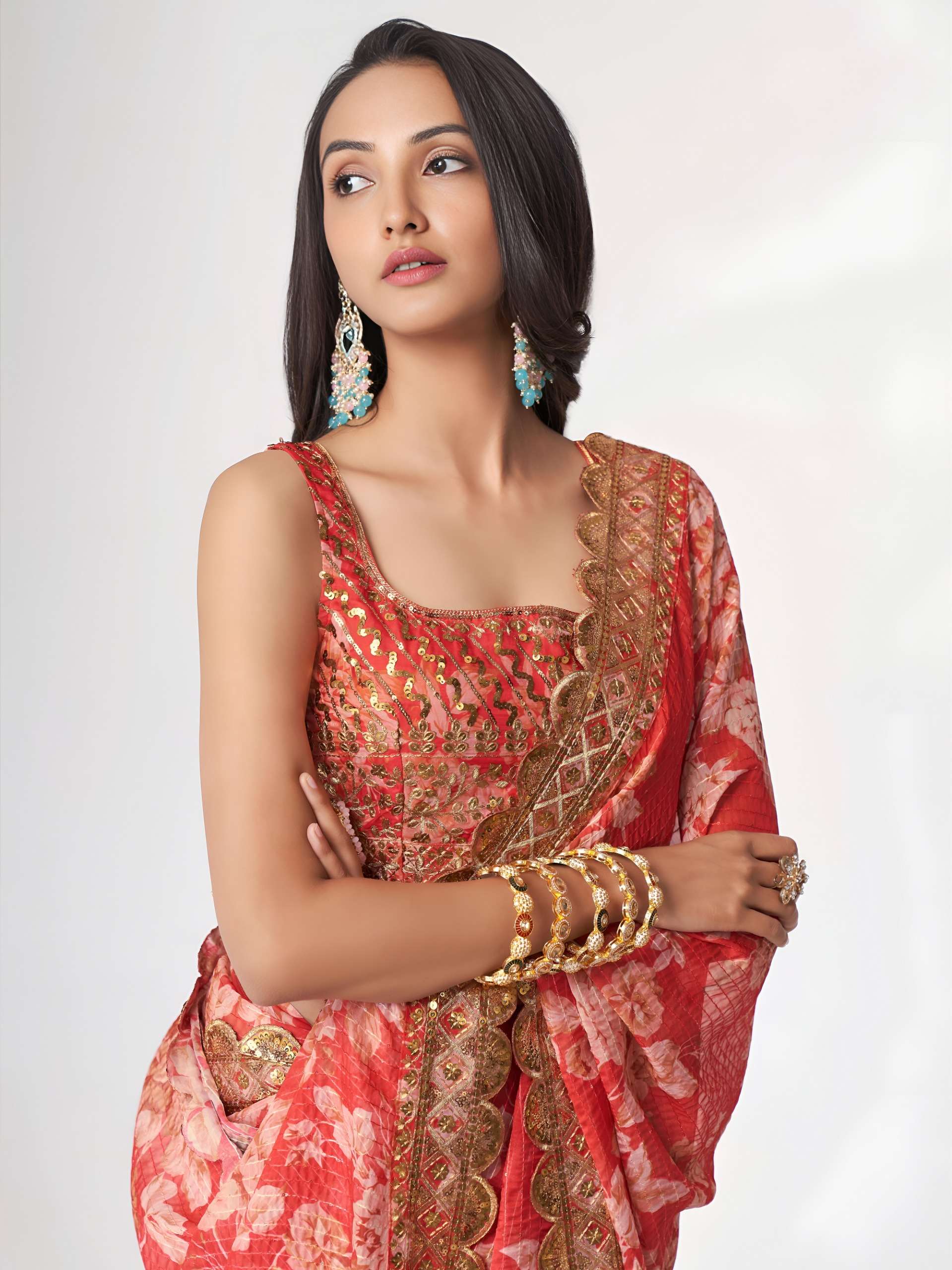 Coral crimson Red colou pretty Floral design on Royal Organza fabric Saree Wholesale in surat 1107 Red 